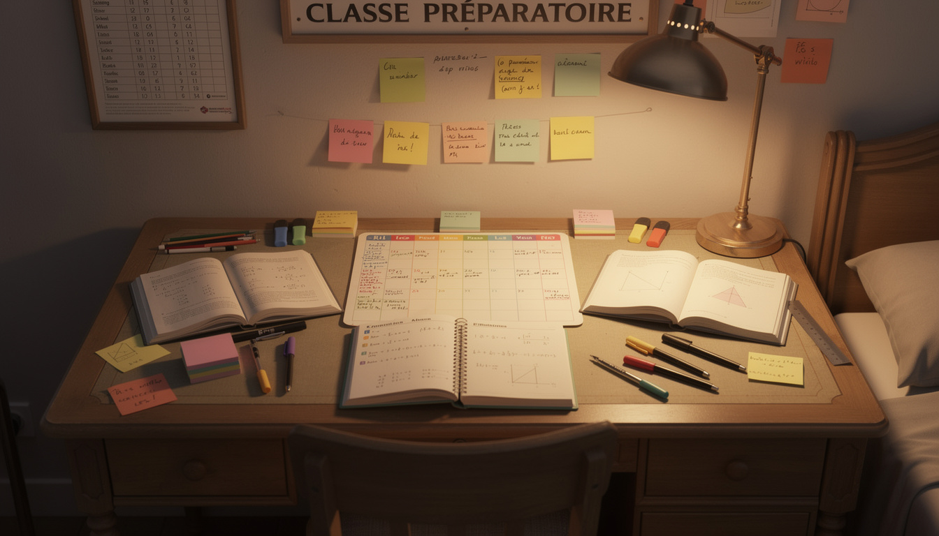 Cahier de prepa ouvert sur un bureau avec des notes de colles en CPGE