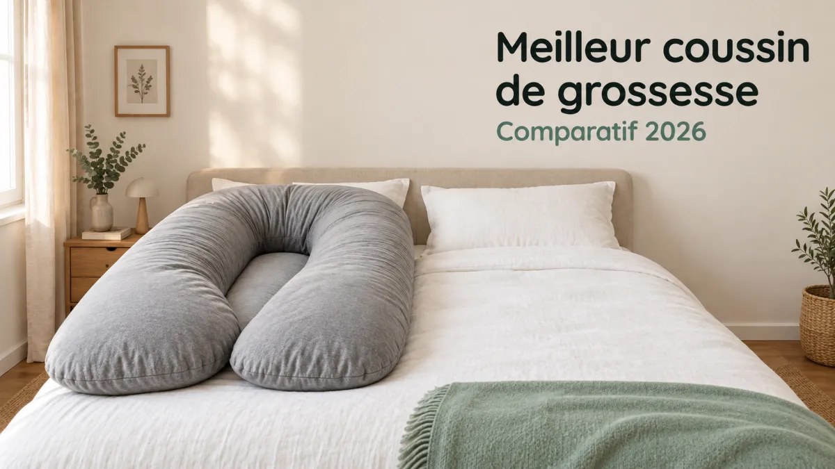 Coussin de grossesse en U installé sous le ventre et entre les genoux d'une femme enceinte allongée sur le côté