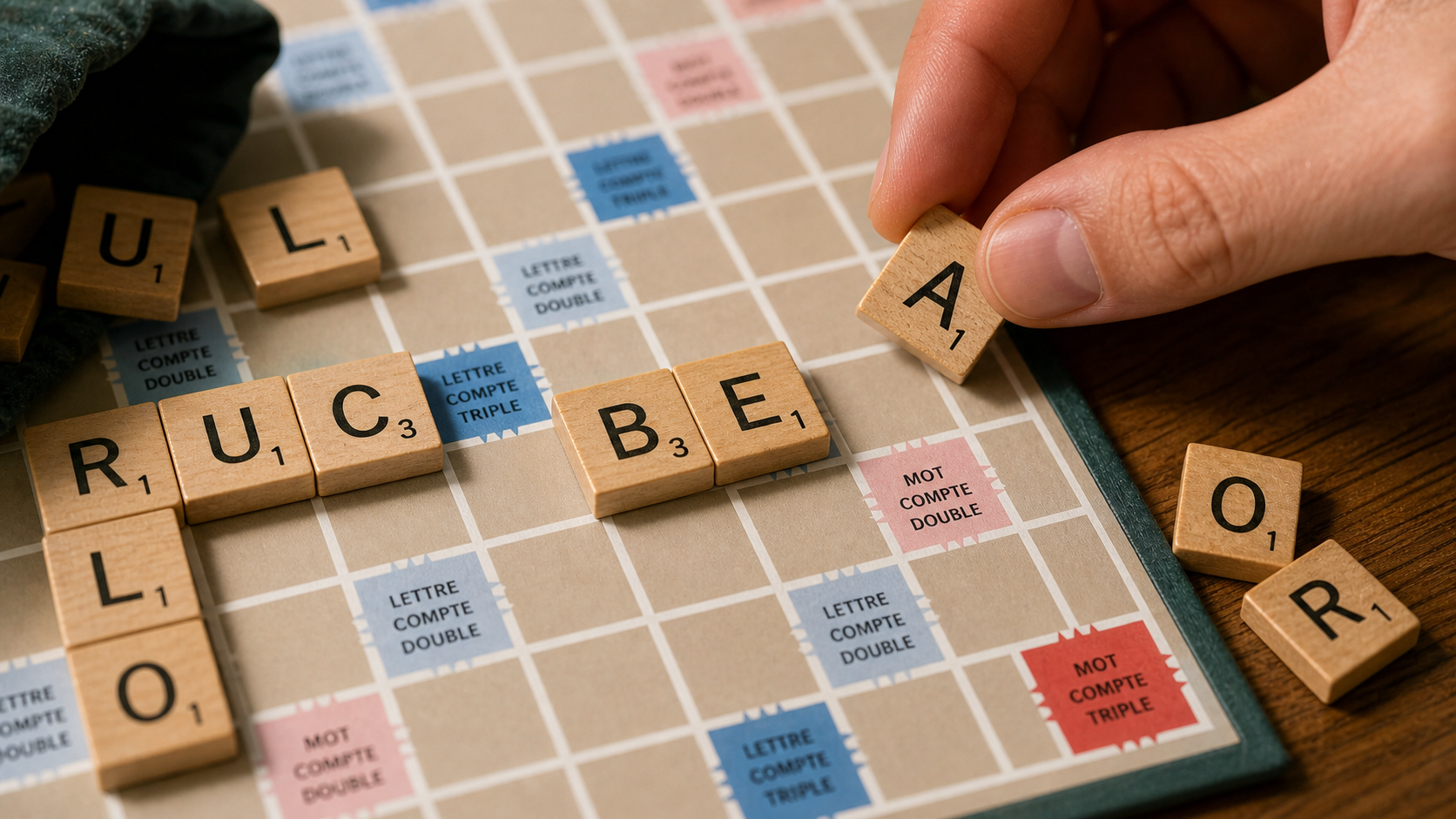 Lettres en bois alignées sur un plateau de Scrabble pour vérifier si PE est un mot valide