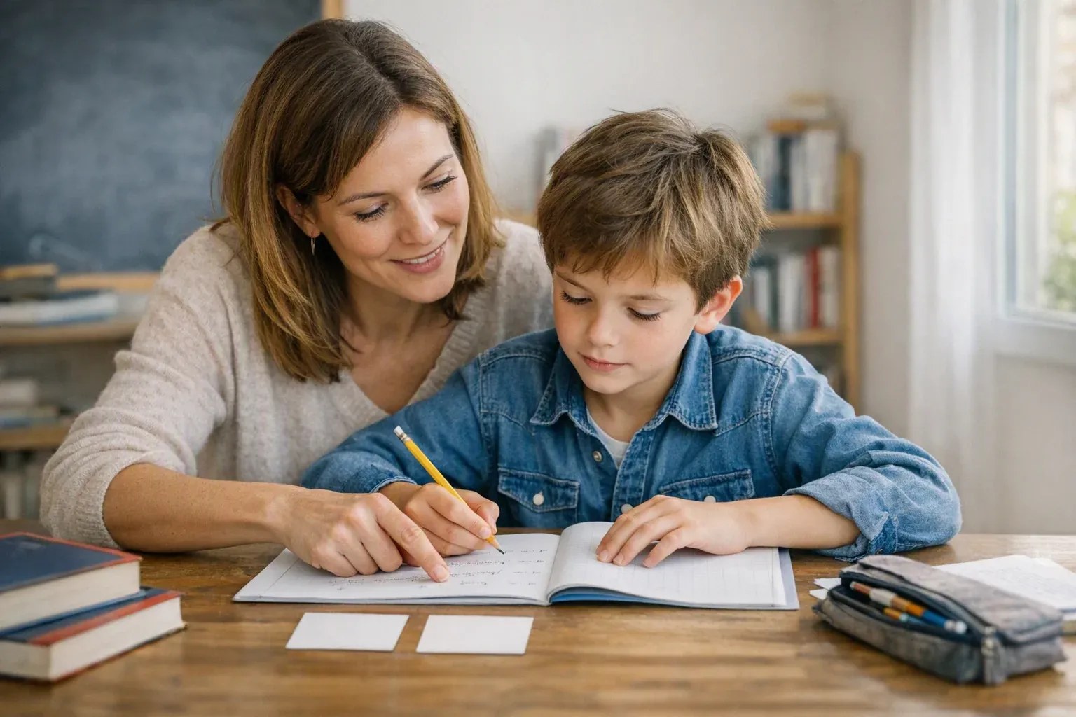 Personne relisant une phrase en français dans un cahier