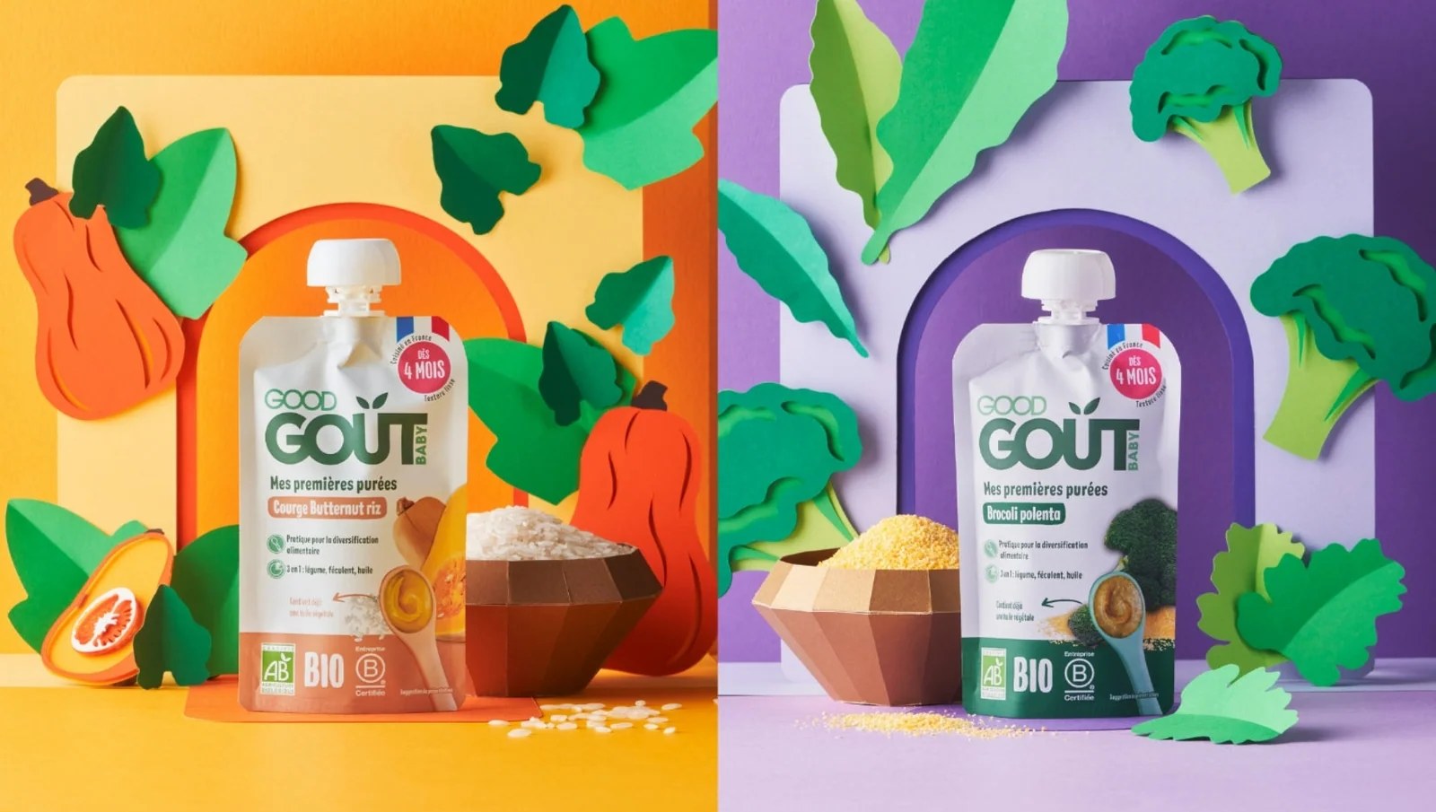Petits pots et gourdes de compote bio de la marque Good Goût pour bébé