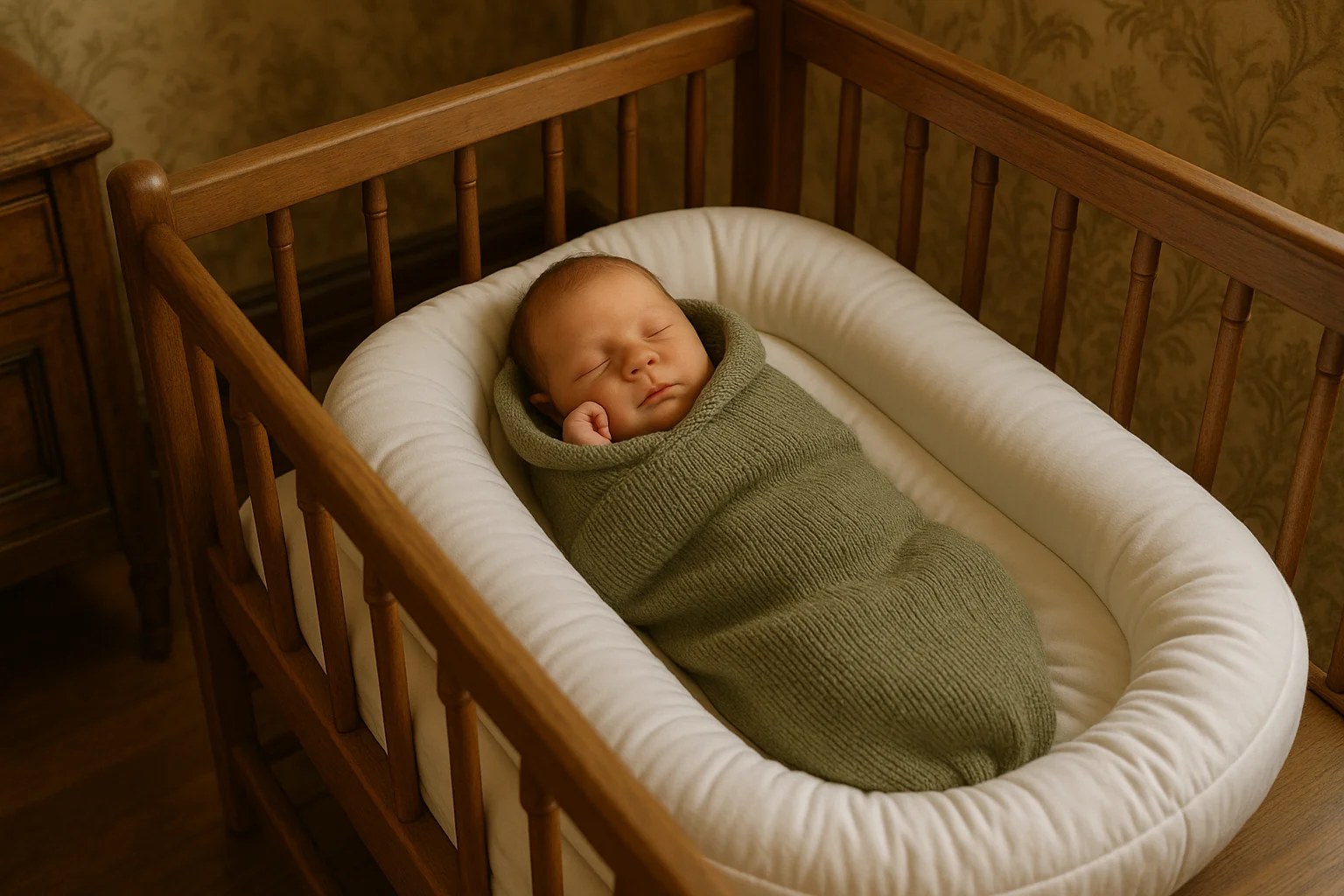 Nouveau-né endormi sur le dos dans un cocon bébé en laine douce