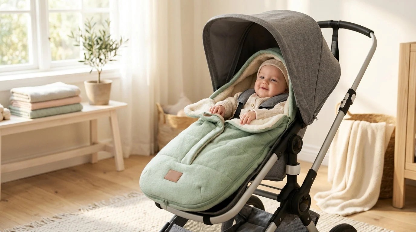 Bébé installé dans une chancelière poussette matelassée pour une promenade d'hiver
