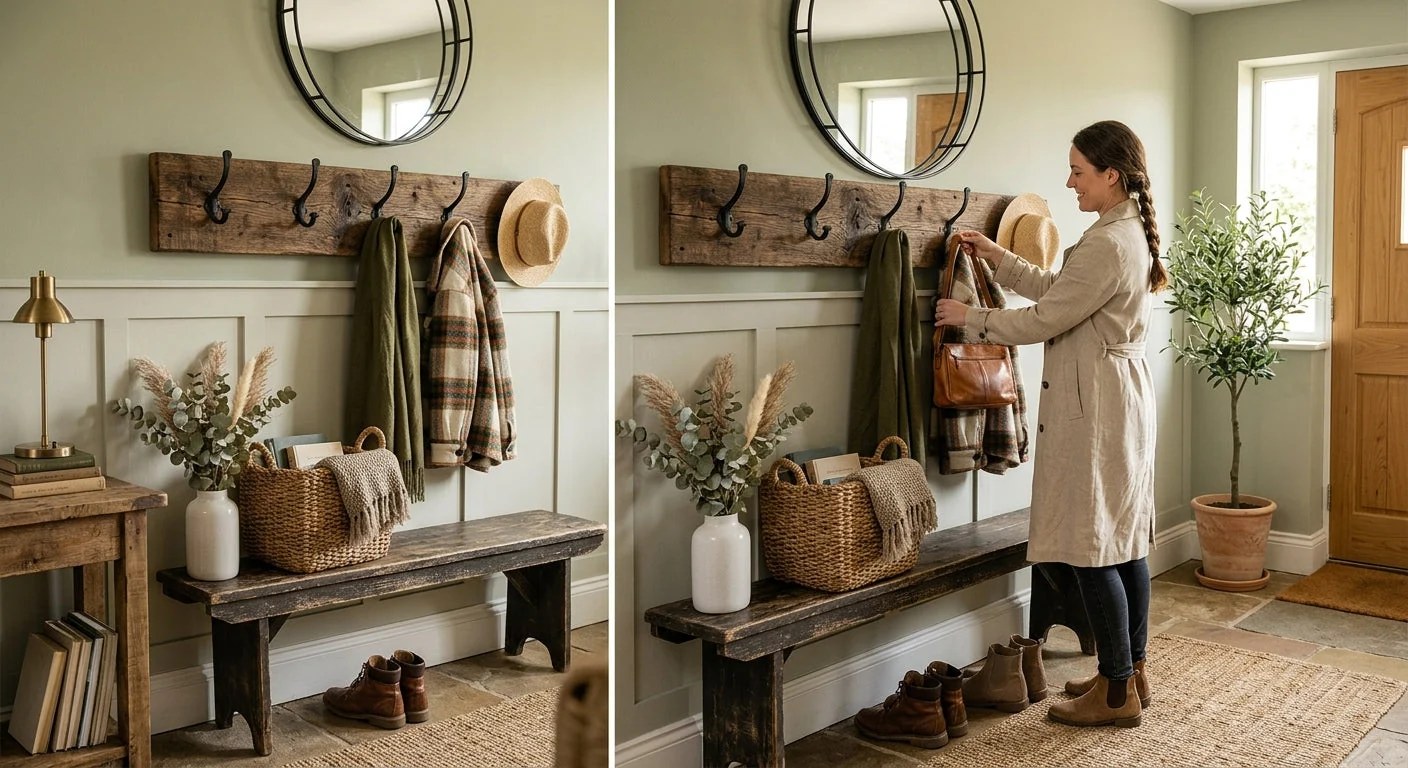 Ancien porte manteau mural en bois avec plusieurs patères dans une entrée